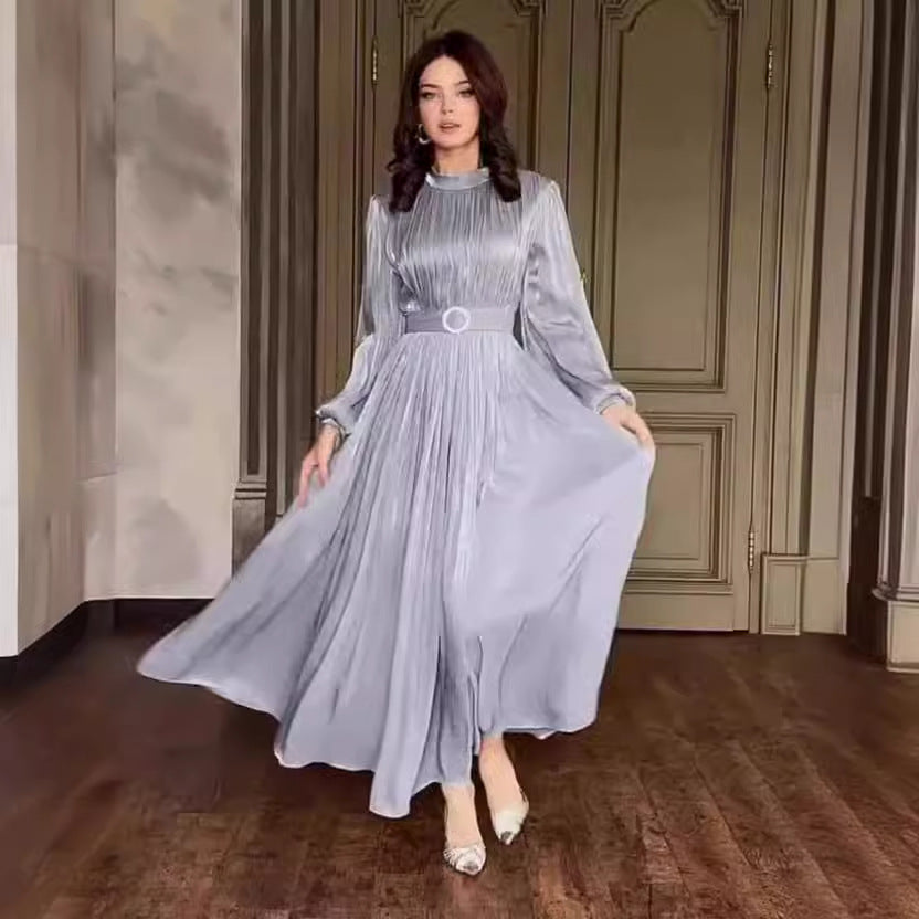 Round neck organza lantern sleeve long sleeved slim waistband retro dress