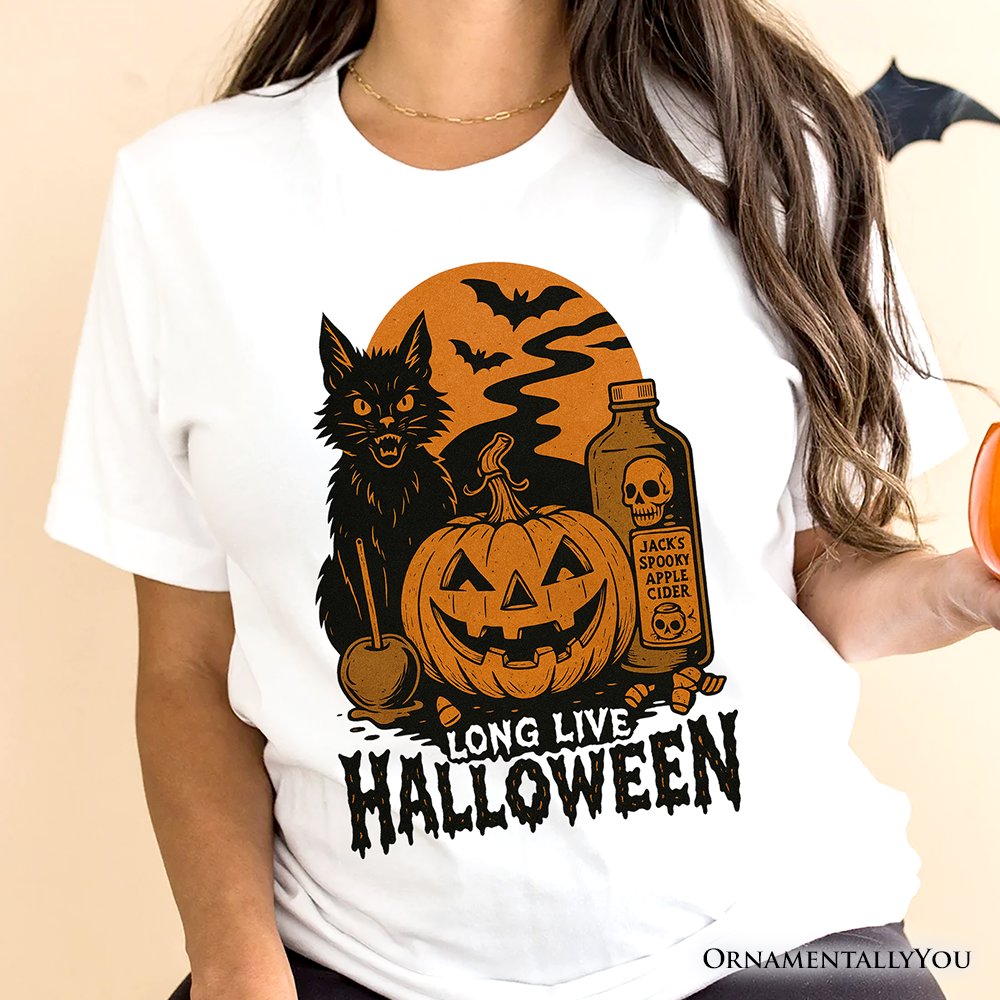 Long Live Halloween T-Shirt, Retro Black Cat Pumpkin Tee for Horror Fans