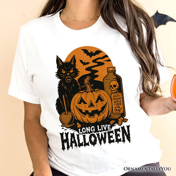 Long Live Halloween T-Shirt, Retro Black Cat Pumpkin Tee for Horror Fans