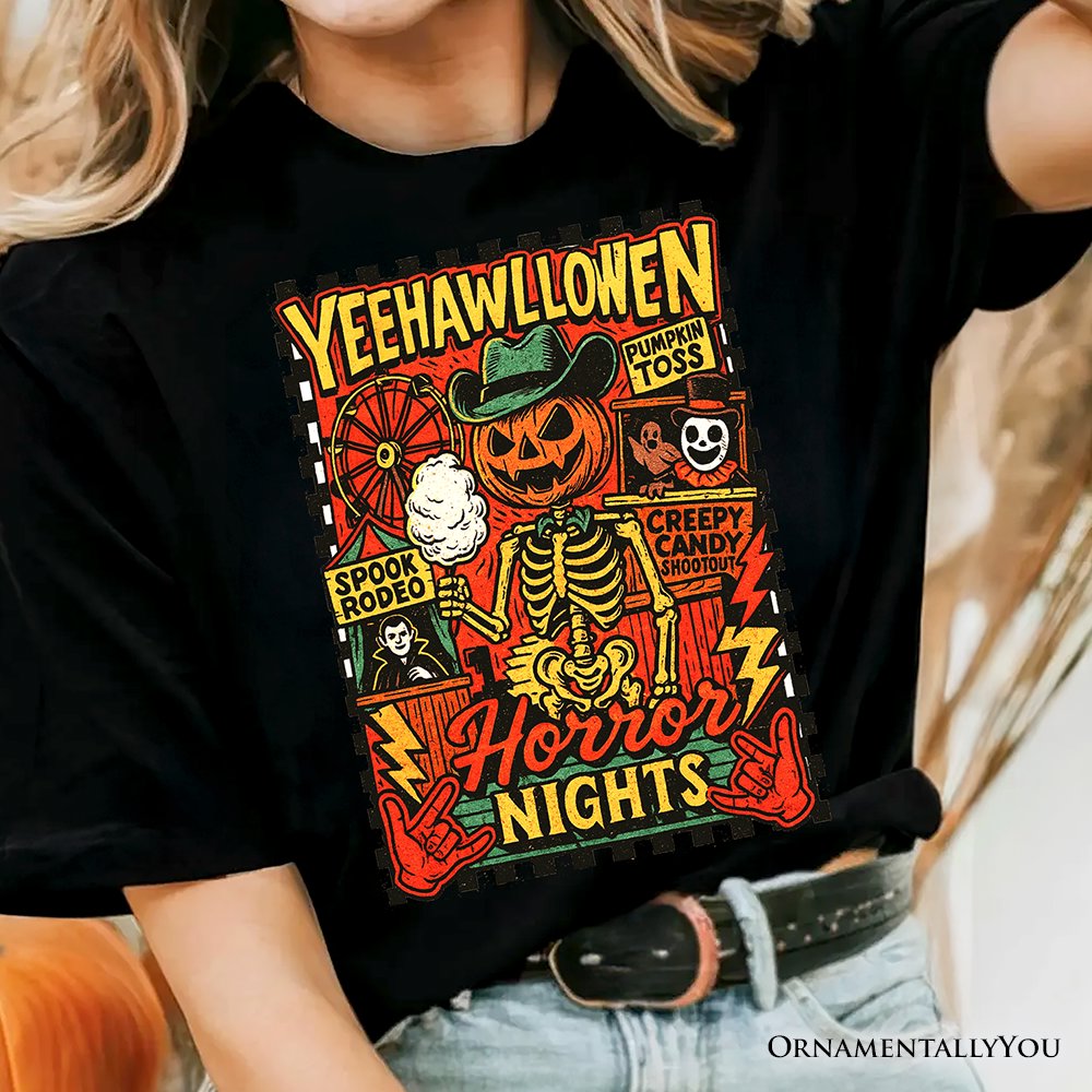 Yee Haw Halloween Retro Pumpkin Skeleton T-Shirt, Spooky Country Western Tee for Fall