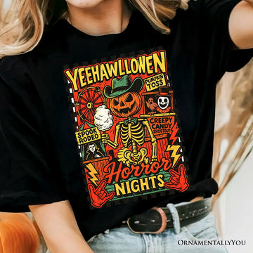 Yee Haw Halloween Retro Pumpkin Skeleton T-Shirt, Spooky Country Western Tee for Fall