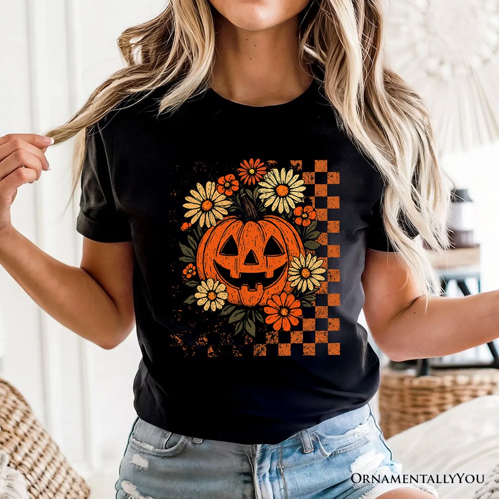 Checkered Floral Pumpkin T-Shirt, Retro Preppy Halloween Tee for Spooky Season Vibes