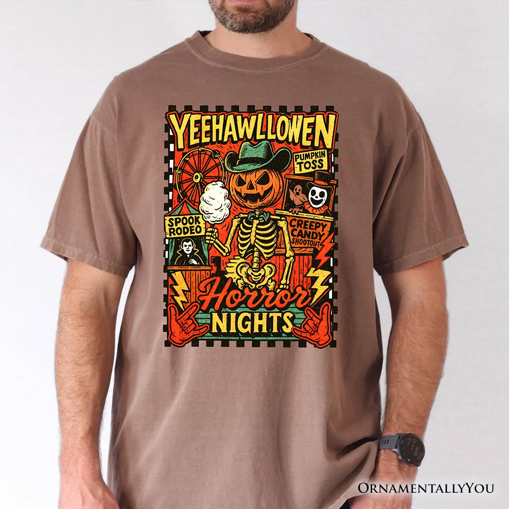 Yee Haw Halloween Retro Pumpkin Skeleton T-Shirt, Spooky Country Western Tee for Fall
