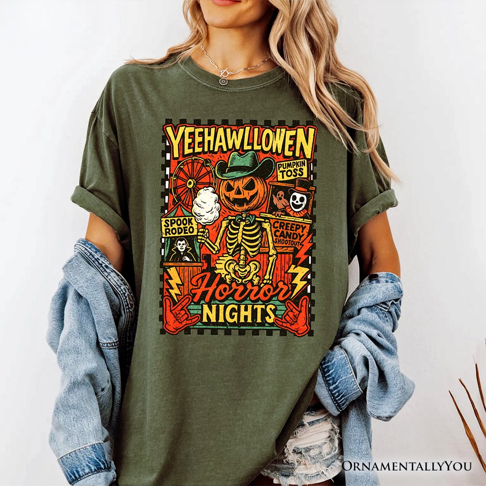 Yee Haw Halloween Retro Pumpkin Skeleton T-Shirt, Spooky Country Western Tee for Fall