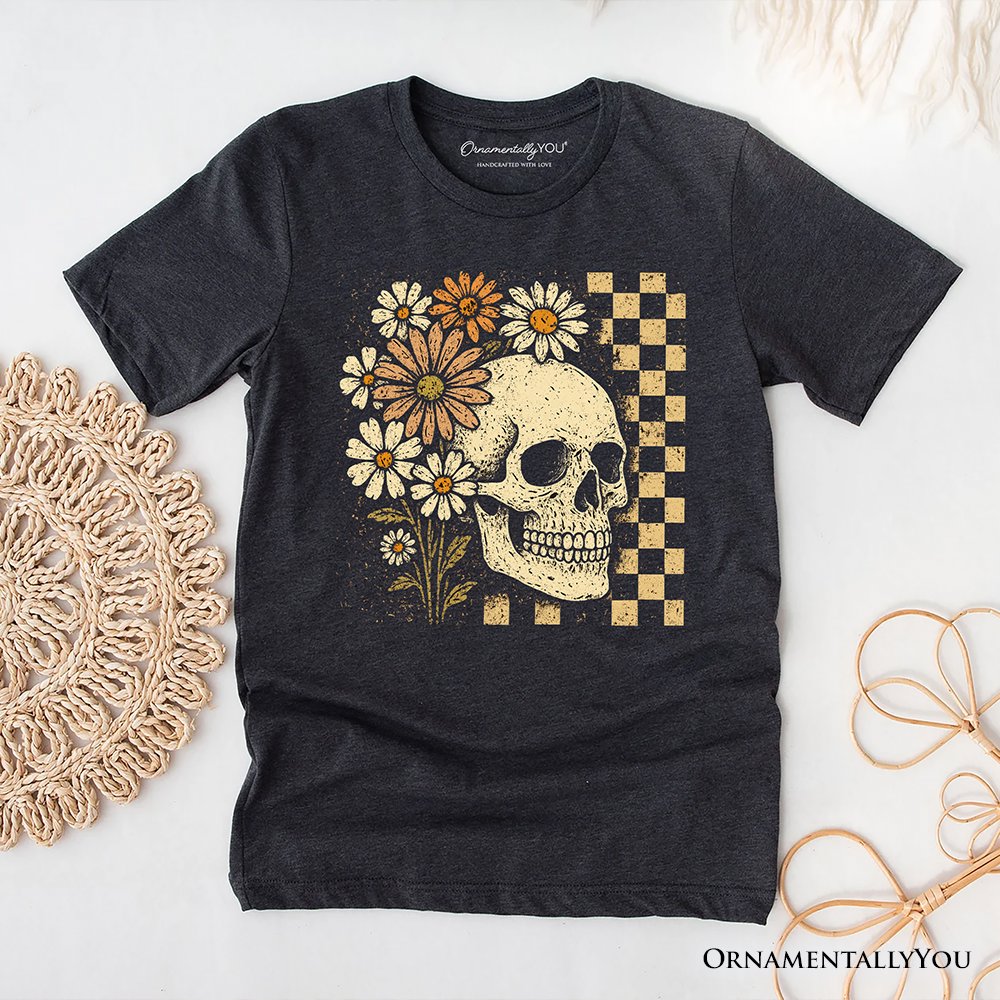Checkered Floral Skeleton T-Shirt, Vintage Skull Daisy Halloween Tee