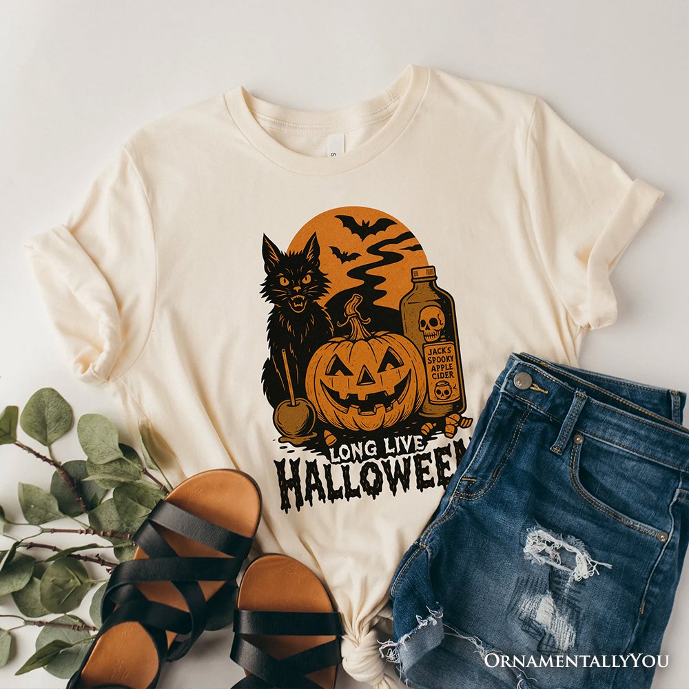 Long Live Halloween T-Shirt, Retro Black Cat Pumpkin Tee for Horror Fans