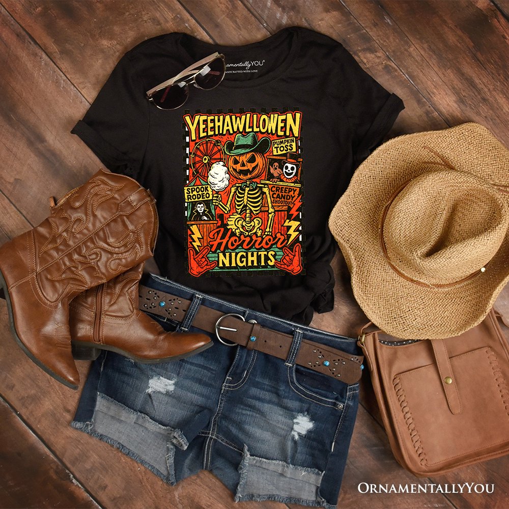Yee Haw Halloween Retro Pumpkin Skeleton T-Shirt, Spooky Country Western Tee for Fall