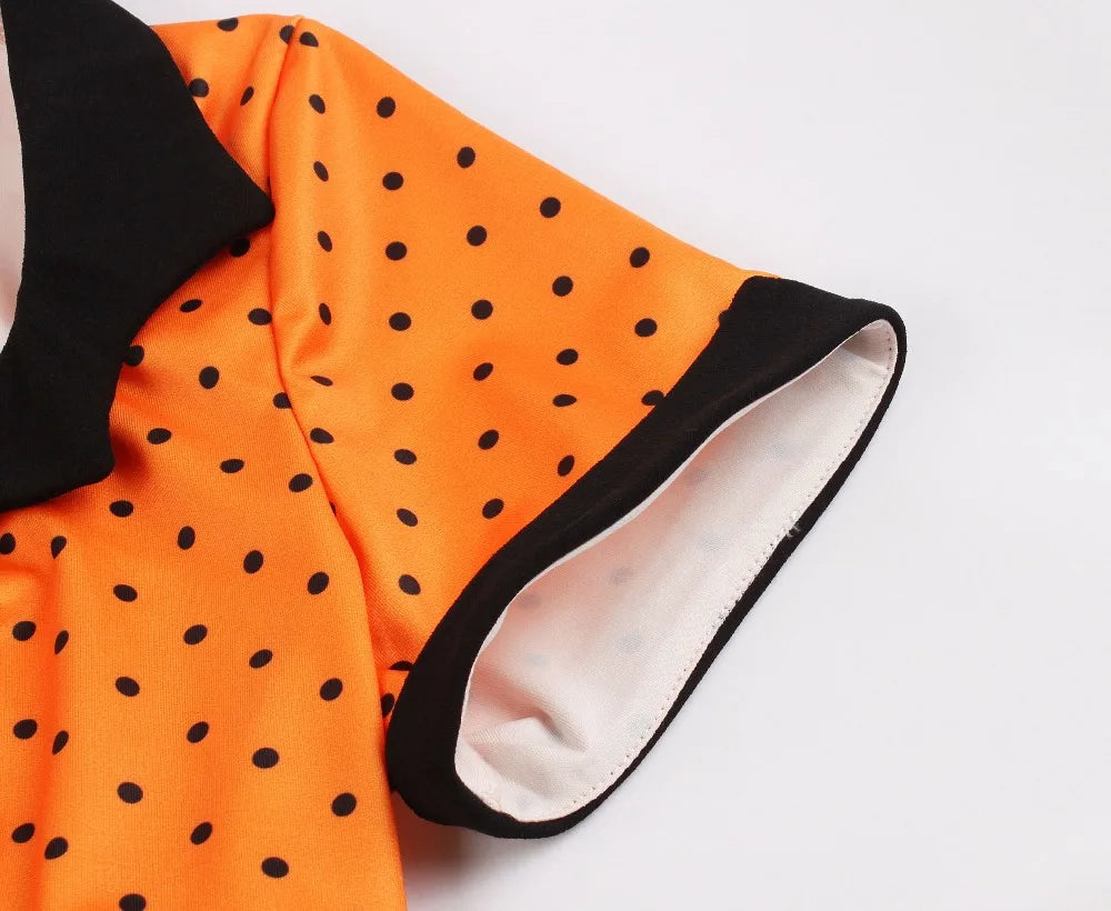 Short Sleeve Polka Dot Panel Fit and Flare Midi Dress
