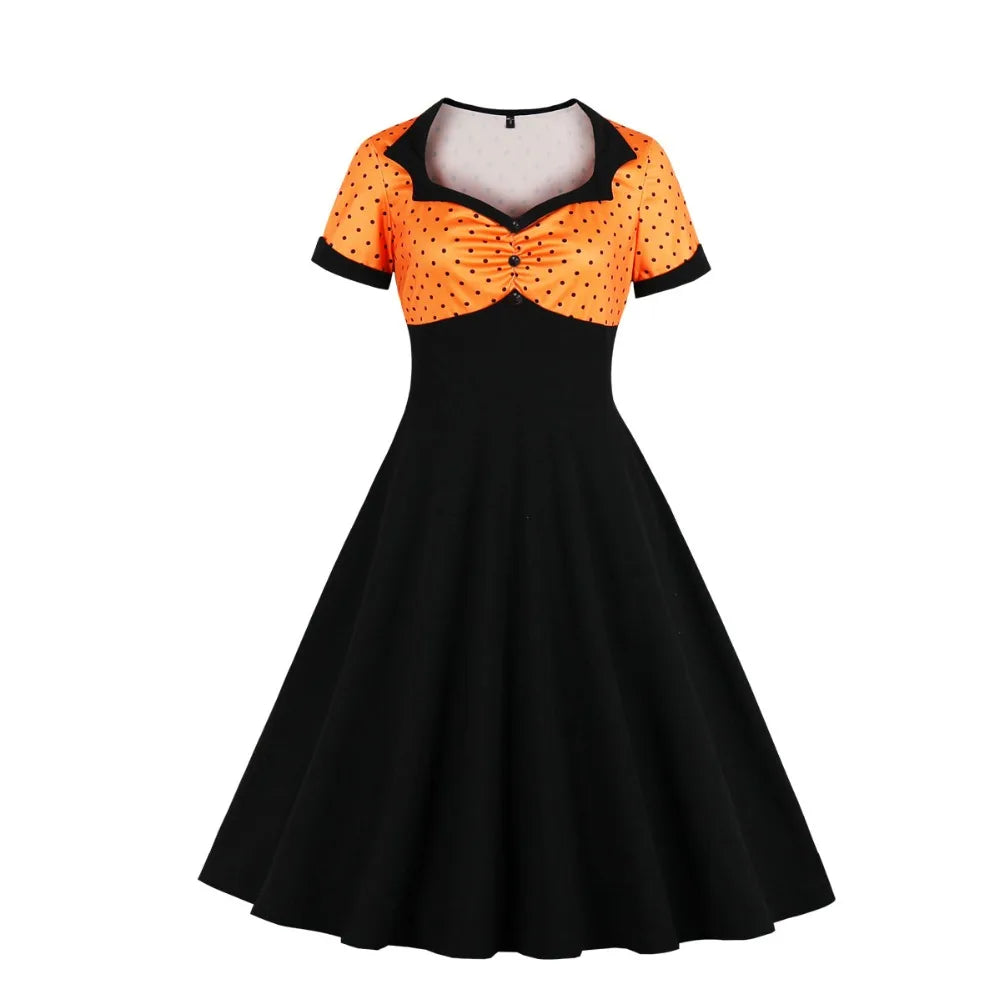 Short Sleeve Polka Dot Panel Fit and Flare Midi Dress