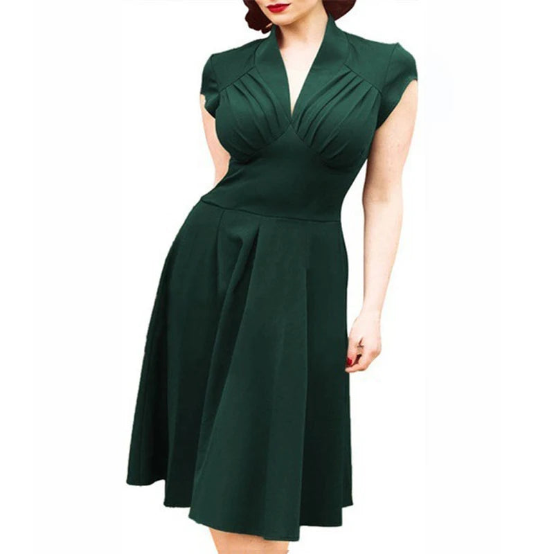 Cap Sleeve Pleated Bodice A Line Midi Dress