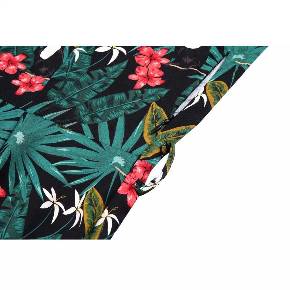 Short Sleeve Tropical Print Fit and Flare Midi Dress with Tie Belt