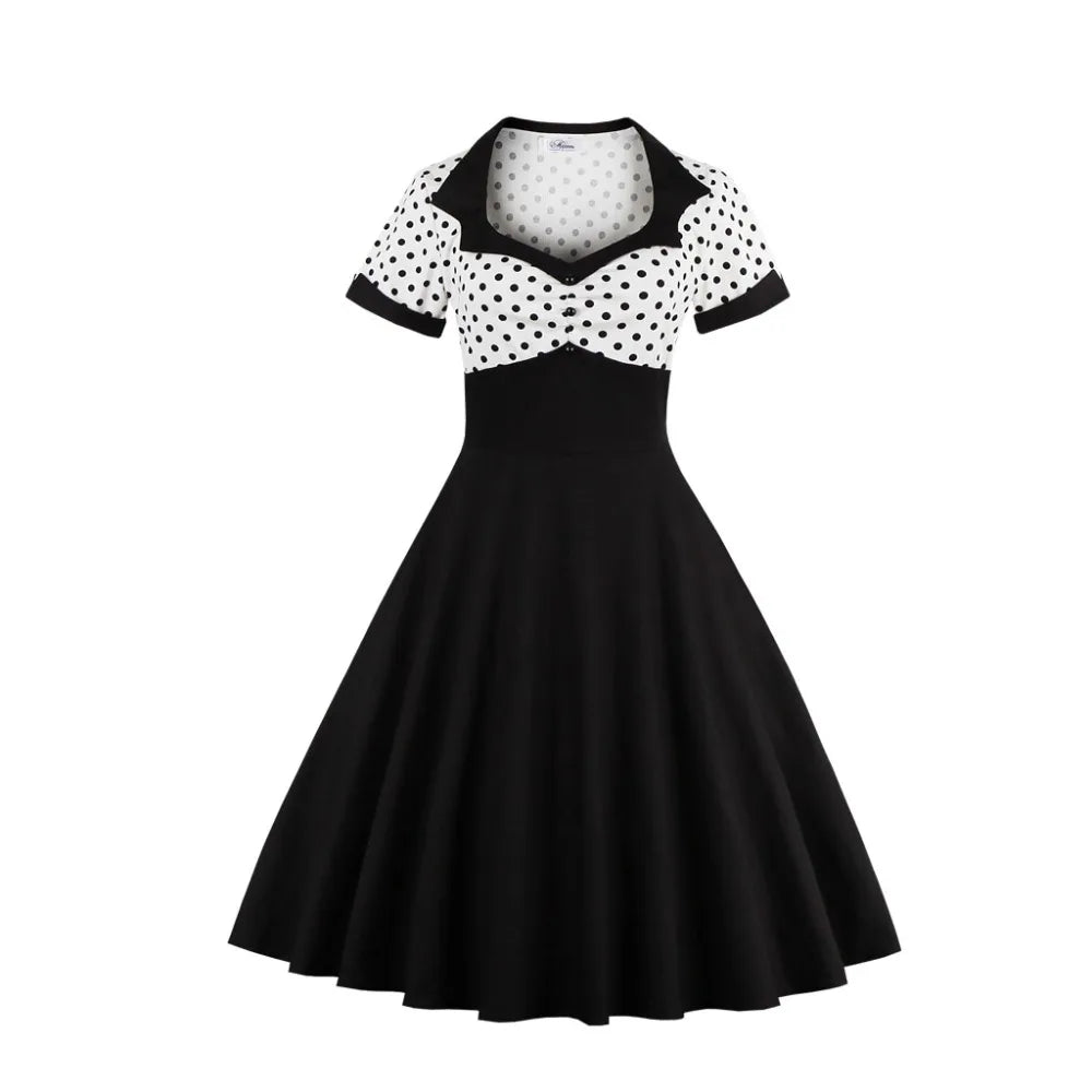 Short Sleeve Polka Dot Panel Fit and Flare Midi Dress