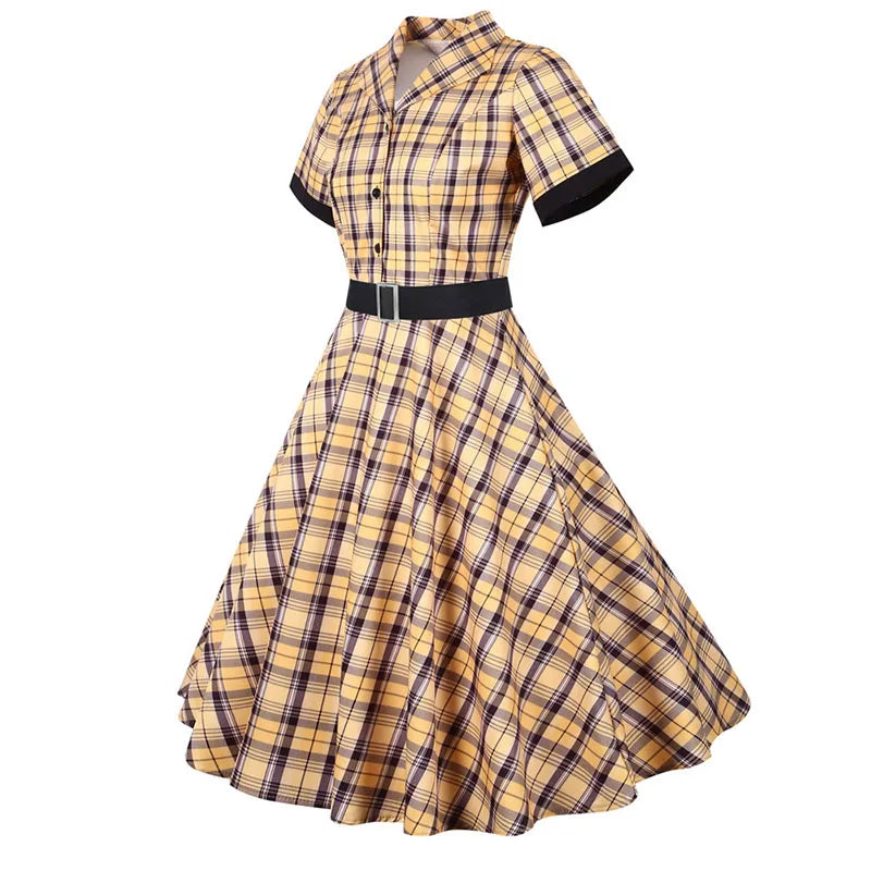 Short Sleeve Plaid Button Front Midi Dress with Belt