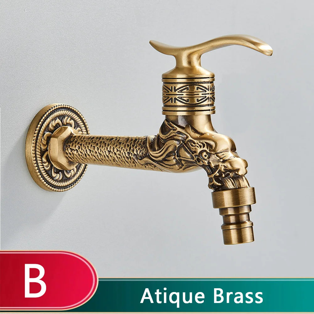 Old World Antique Brass Dragon Carved Wall Faucet