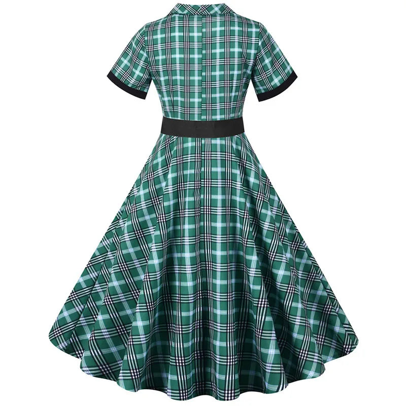 Short Sleeve Plaid Button Front Midi Dress with Belt