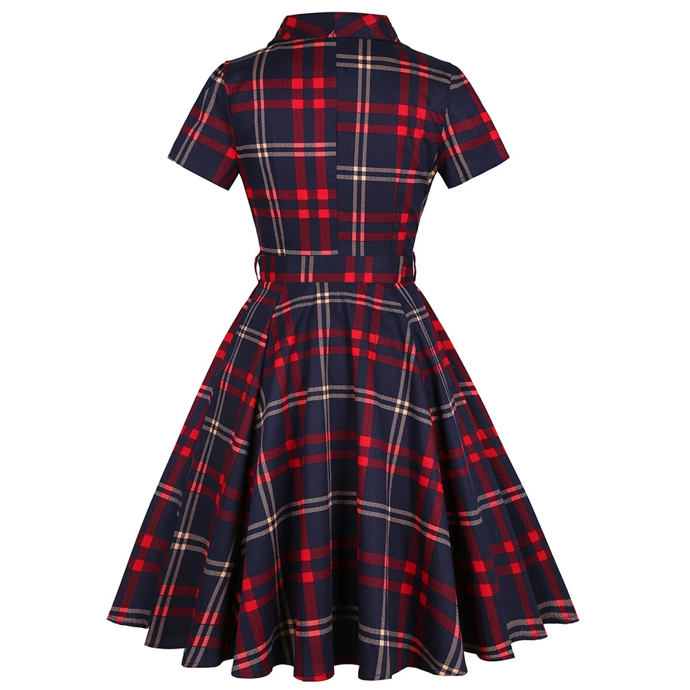 Short Sleeve Plaid Fit and Flare Midi Dress with Tie Belt