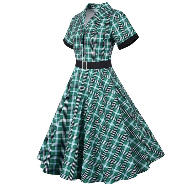 Short Sleeve Plaid Button Front Midi Dress with Belt