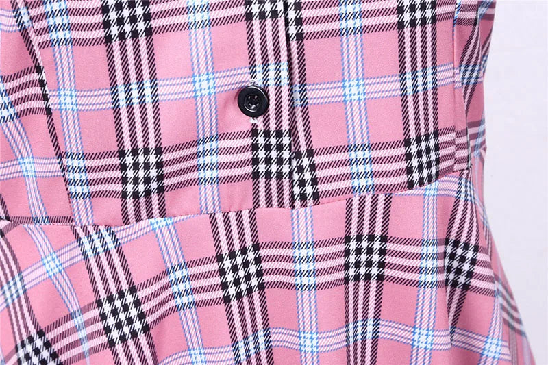 Short Sleeve Plaid Button Front Midi Dress with Belt