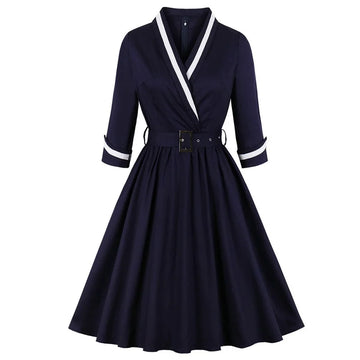 Contrast Trim Wrap Collar Fit & Flare Dress