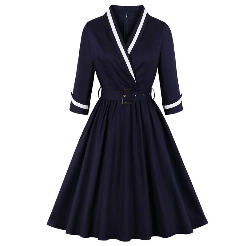 Contrast Trim Wrap Collar Fit & Flare Dress