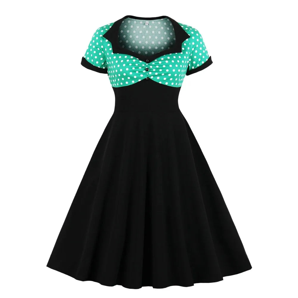 Short Sleeve Polka Dot Panel Fit and Flare Midi Dress