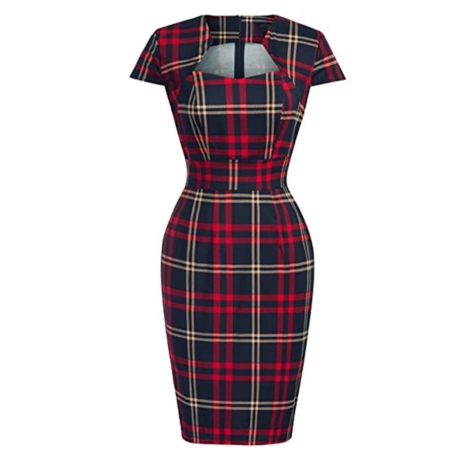 Short Sleeve Plaid Sheath Midi Dress