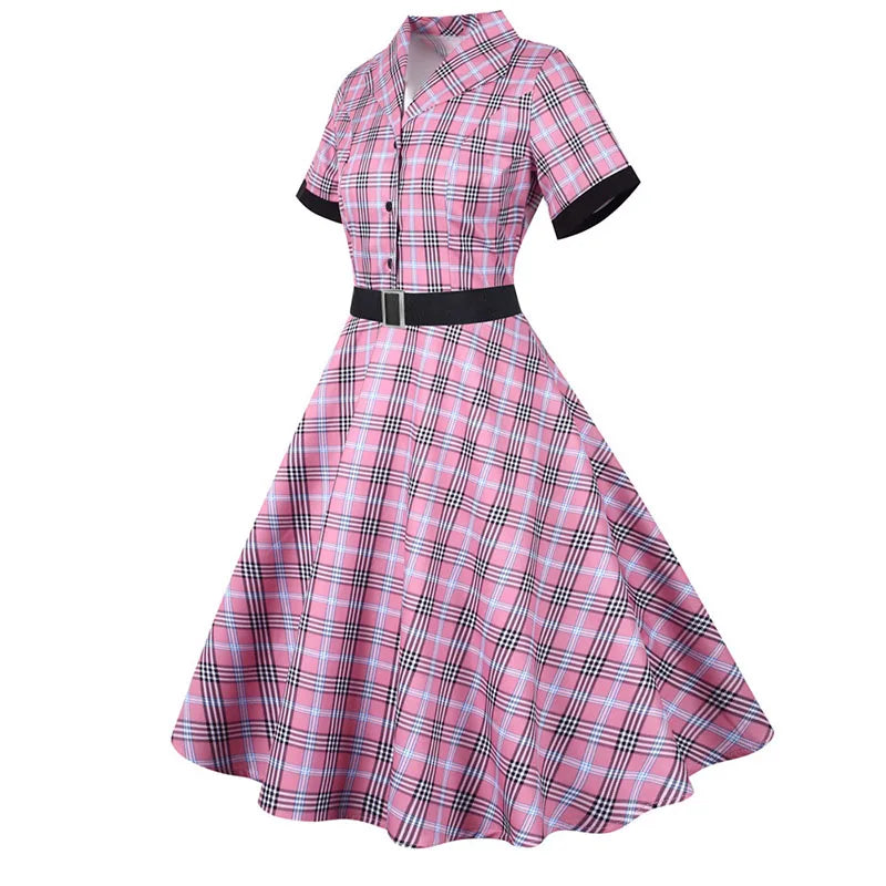 Short Sleeve Plaid Button Front Midi Dress with Belt