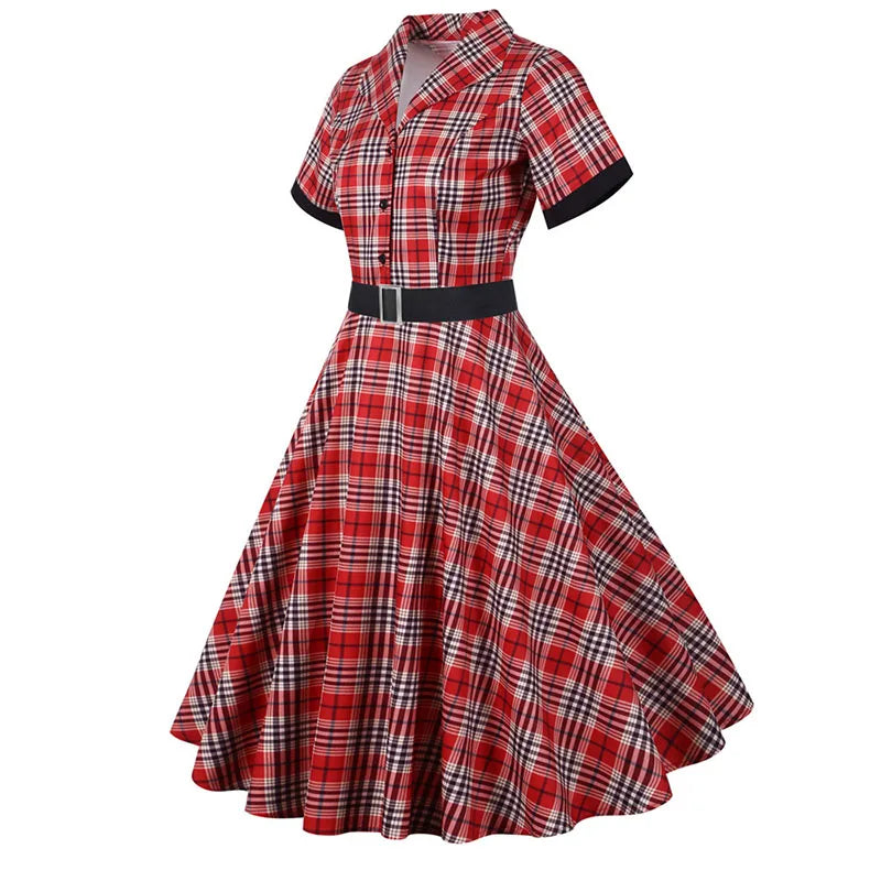 Short Sleeve Plaid Button Front Midi Dress with Belt