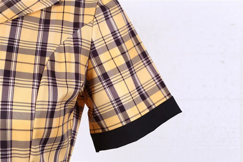 Short Sleeve Plaid Button Front Midi Dress with Belt