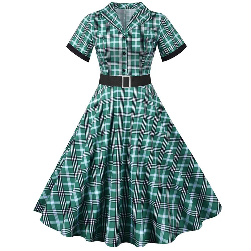 Short Sleeve Plaid Button Front Midi Dress with Belt