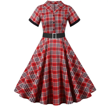 Short Sleeve Plaid Button Front Midi Dress with Belt