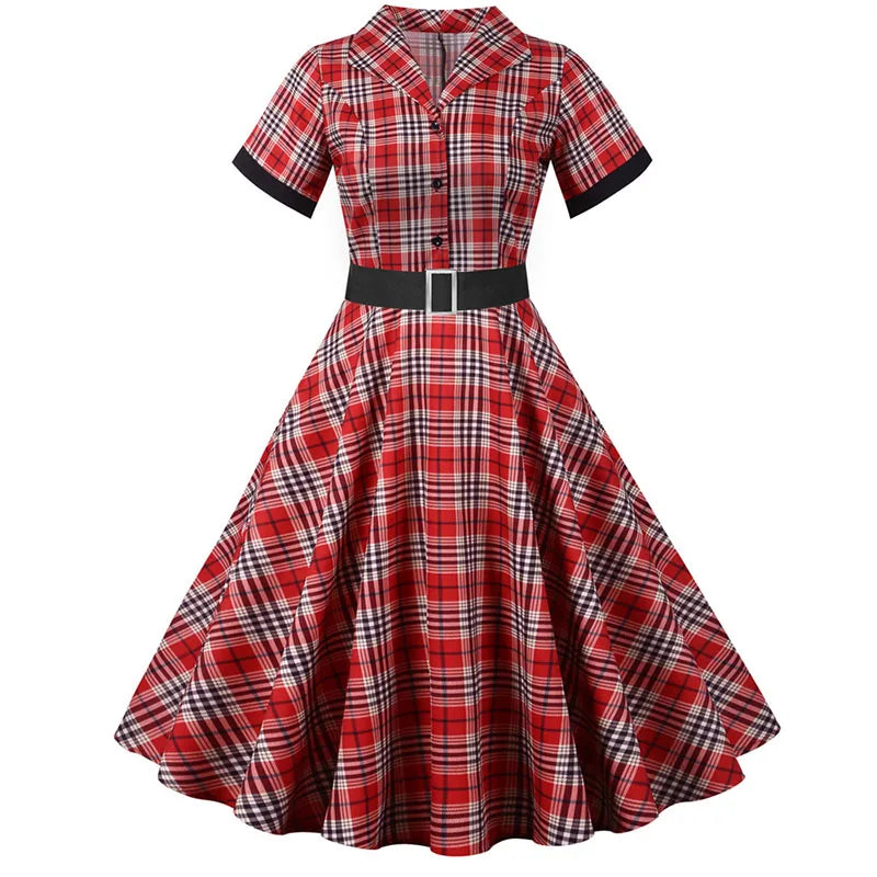 Short Sleeve Plaid Button Front Midi Dress with Belt