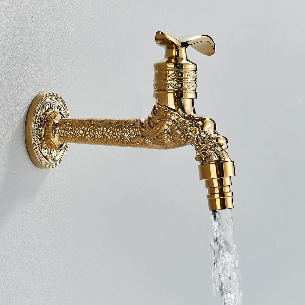 Old World Antique Brass Dragon Carved Wall Faucet