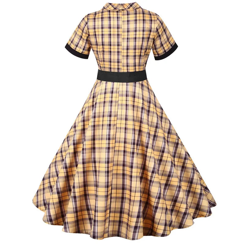 Short Sleeve Plaid Button Front Midi Dress with Belt
