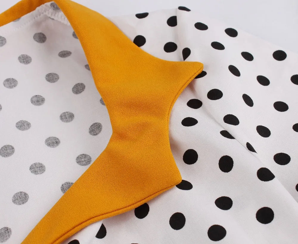 Short Sleeve Polka Dot Panel Fit and Flare Midi Dress