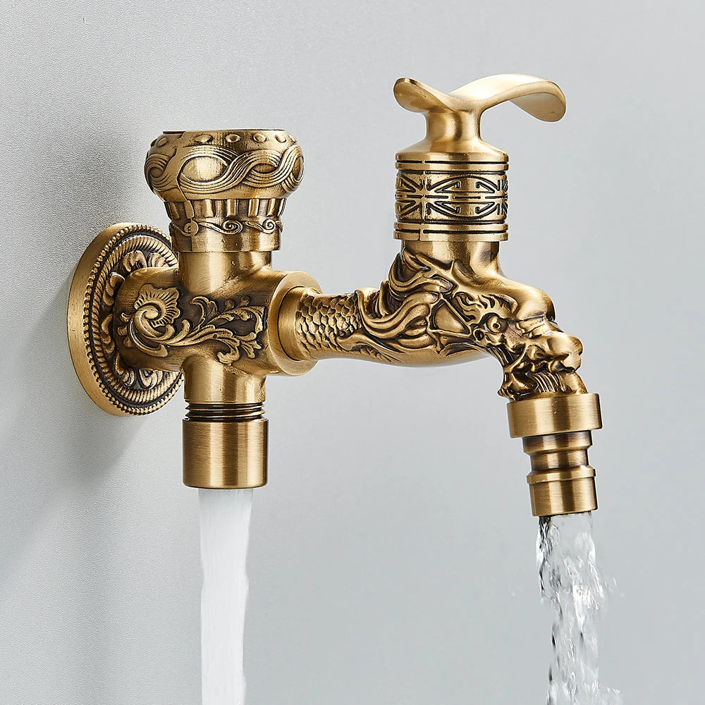 Old World Antique Brass Dragon Carved Wall Faucet