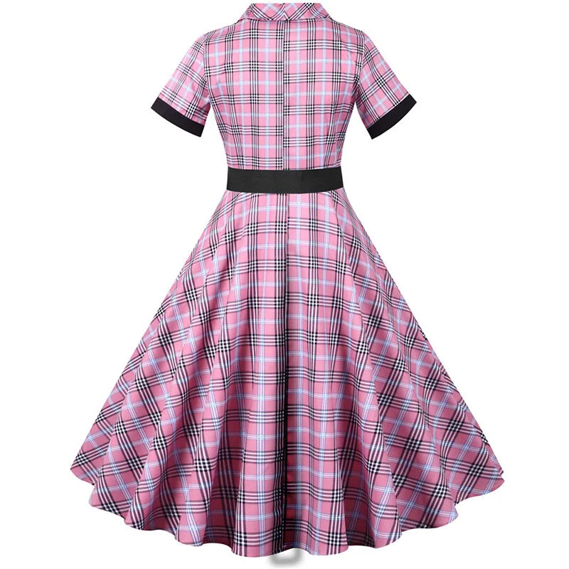 Short Sleeve Plaid Button Front Midi Dress with Belt
