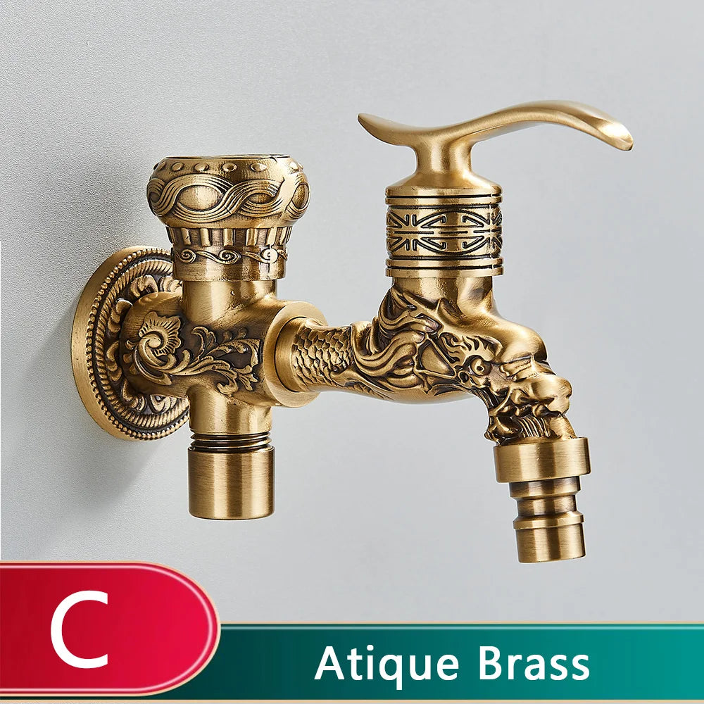 Old World Antique Brass Dragon Carved Wall Faucet