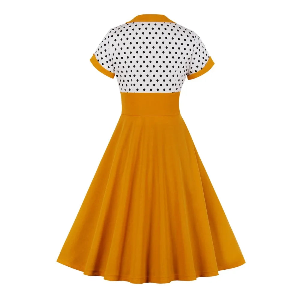 Short Sleeve Polka Dot Panel Fit and Flare Midi Dress