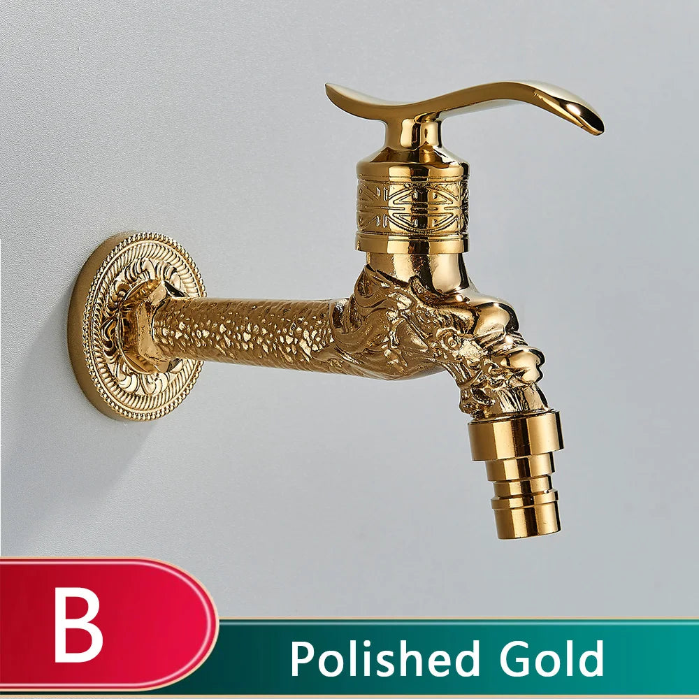 Old World Antique Brass Dragon Carved Wall Faucet