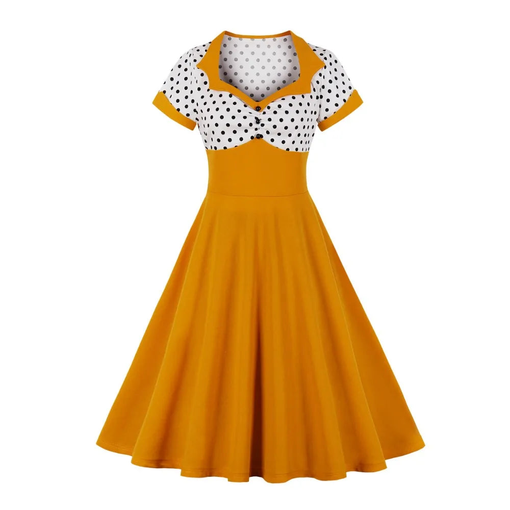 Short Sleeve Polka Dot Panel Fit and Flare Midi Dress