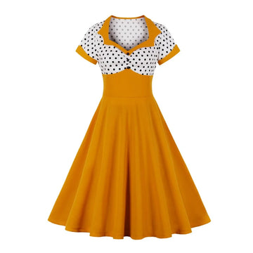Short Sleeve Polka Dot Panel Fit and Flare Midi Dress