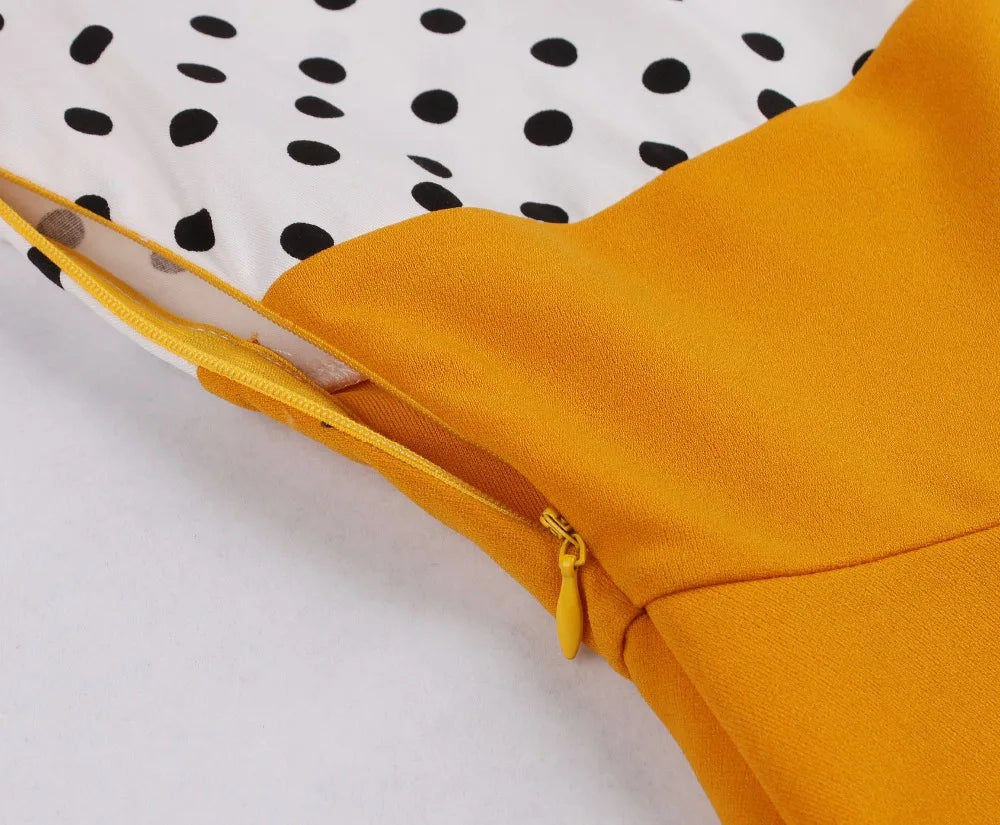 Short Sleeve Polka Dot Panel Fit and Flare Midi Dress