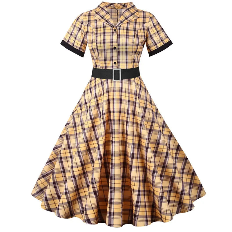 Short Sleeve Plaid Button Front Midi Dress with Belt