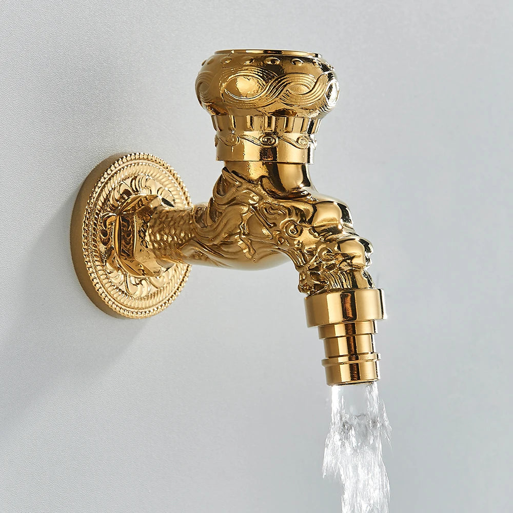 Old World Antique Brass Dragon Carved Wall Faucet