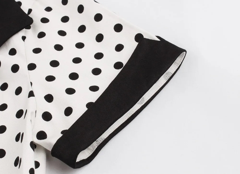 Short Sleeve Polka Dot Panel Fit and Flare Midi Dress