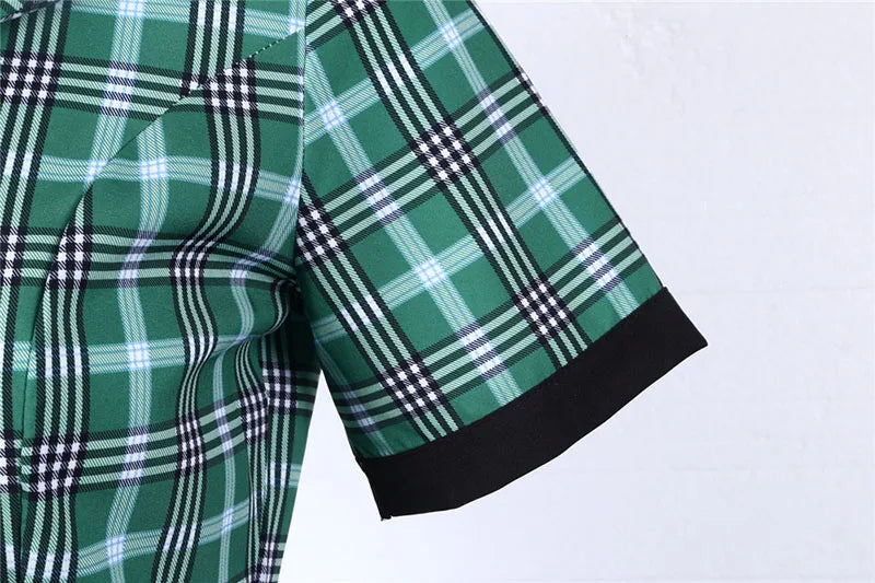 Short Sleeve Plaid Button Front Midi Dress with Belt