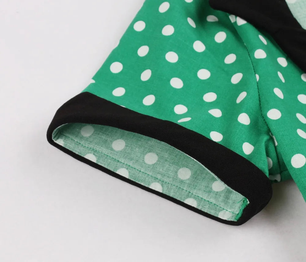 Short Sleeve Polka Dot Panel Fit and Flare Midi Dress