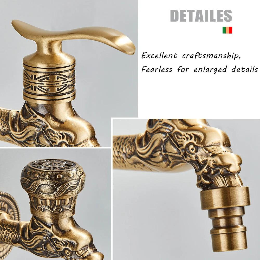 Old World Antique Brass Dragon Carved Wall Faucet
