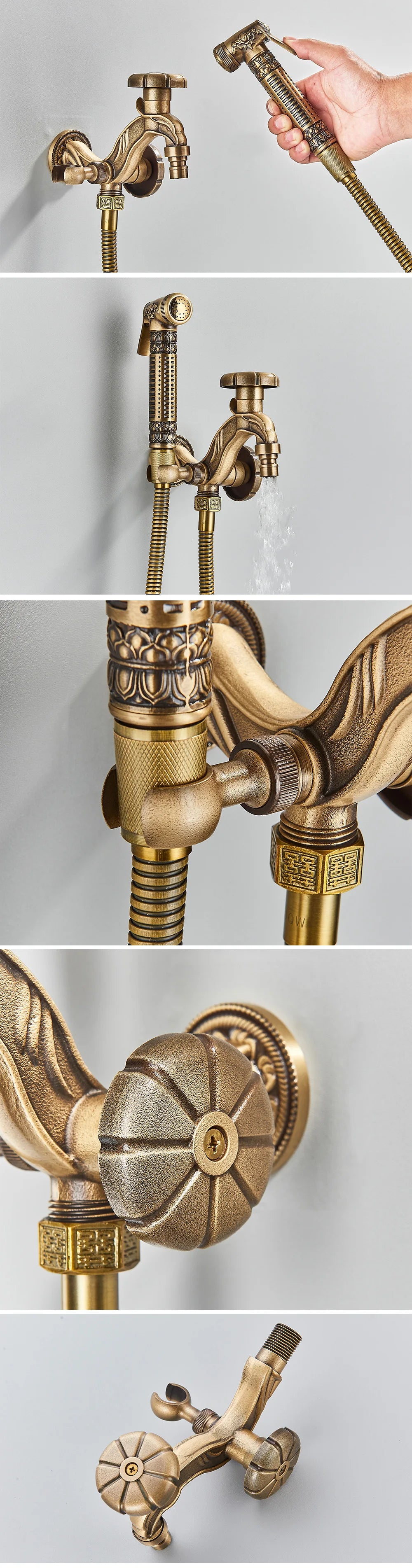 Old World Antique Brass Dragon Carved Wall Faucet